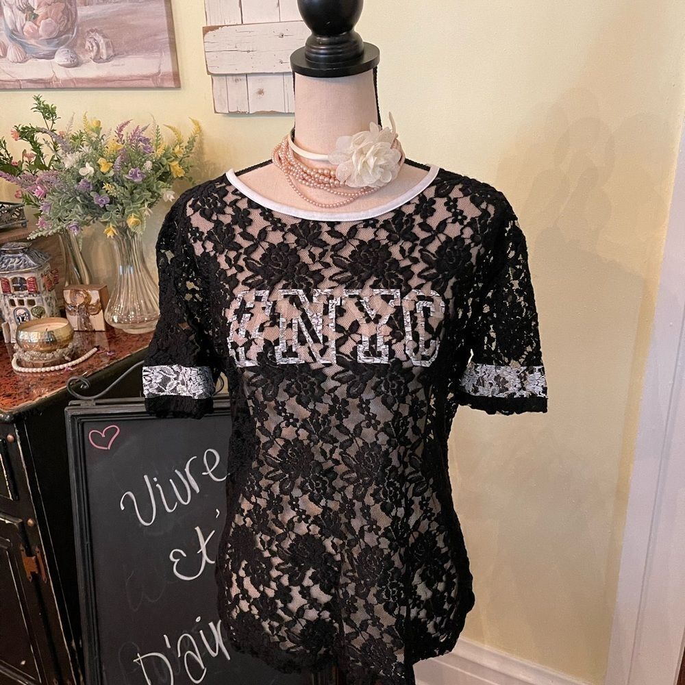 Bongo Y2K 90’s Black Stretch Lace NYC Ringer Tee Top M/L